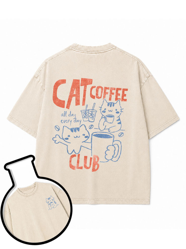 CAT COFFEE all day every day CLUB Washed T-Shirt