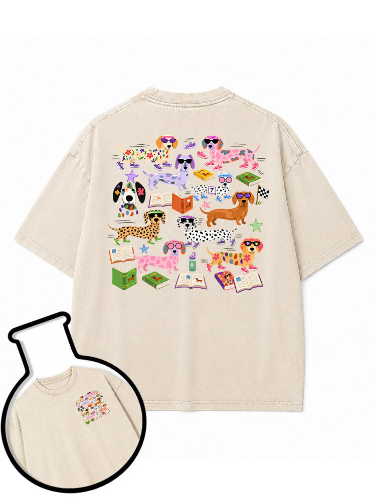 Dachshund reading and running Washed T-Shirt