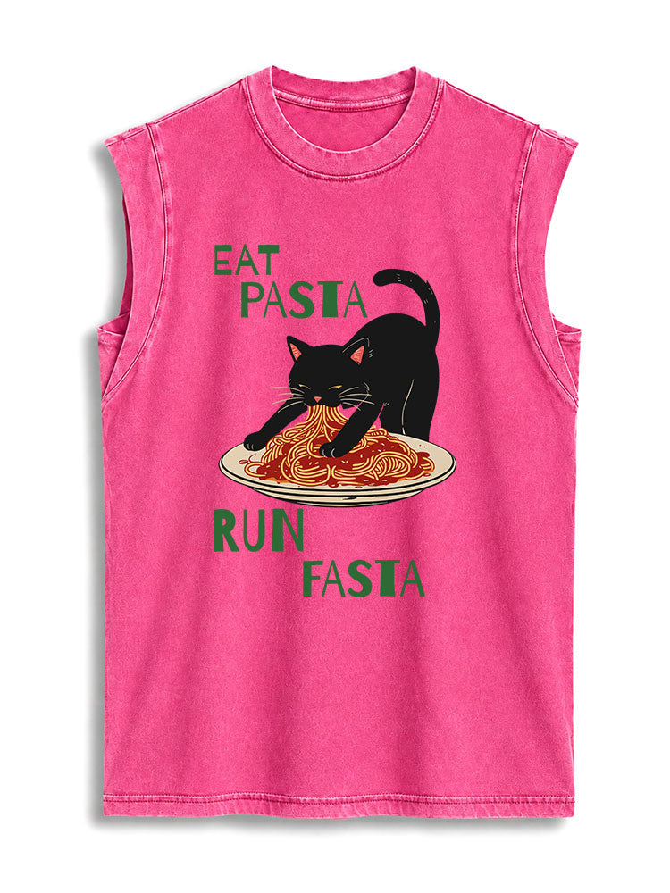 Cat Eat Pasta Run Fasta  Vintage Washed Cotton Tank Top
