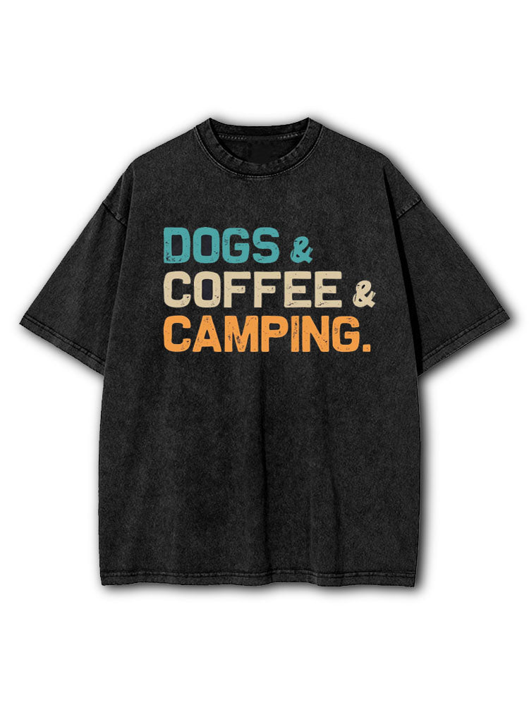 Dogs Coffee Camping Washed T-Shirt