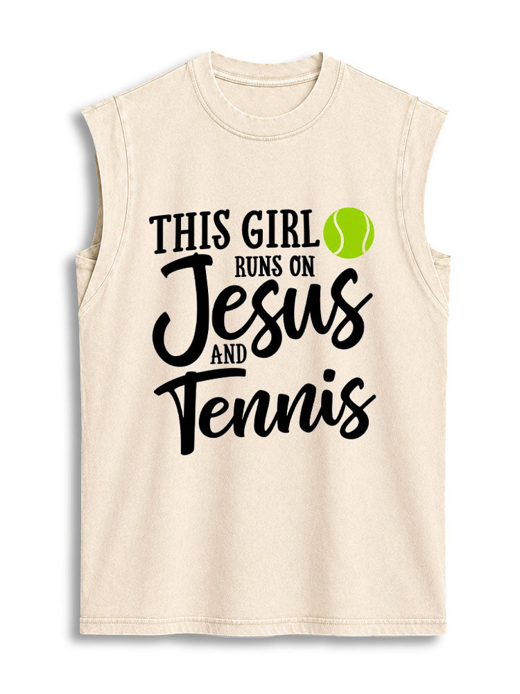 THIS GIRL RUNS ON Jesus AND Tennis Vintage Washed Cotton Tank Top