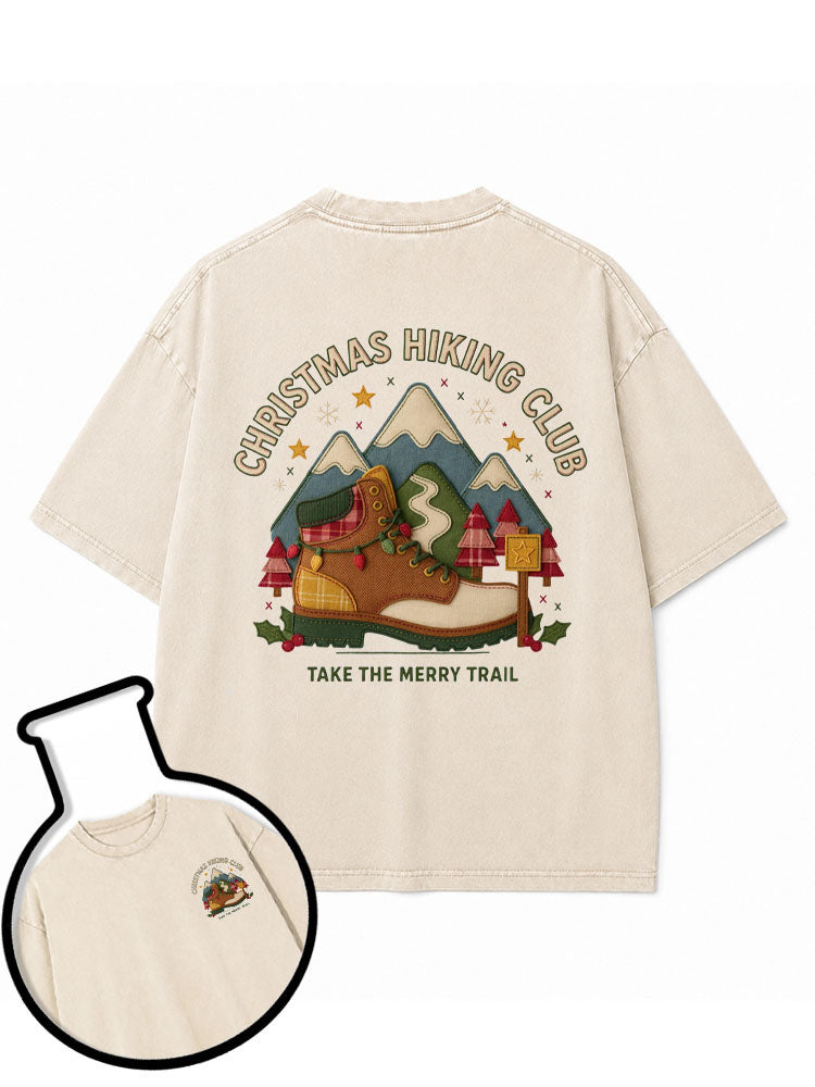 faux embroidery print CHRISTMAS HIKING CLUB Washed T-Shirt
