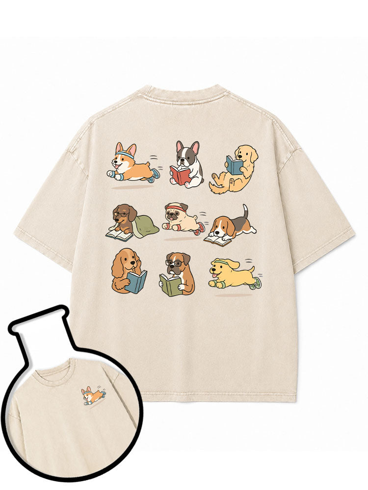 Dog reading running repeat  Washed T-Shirt