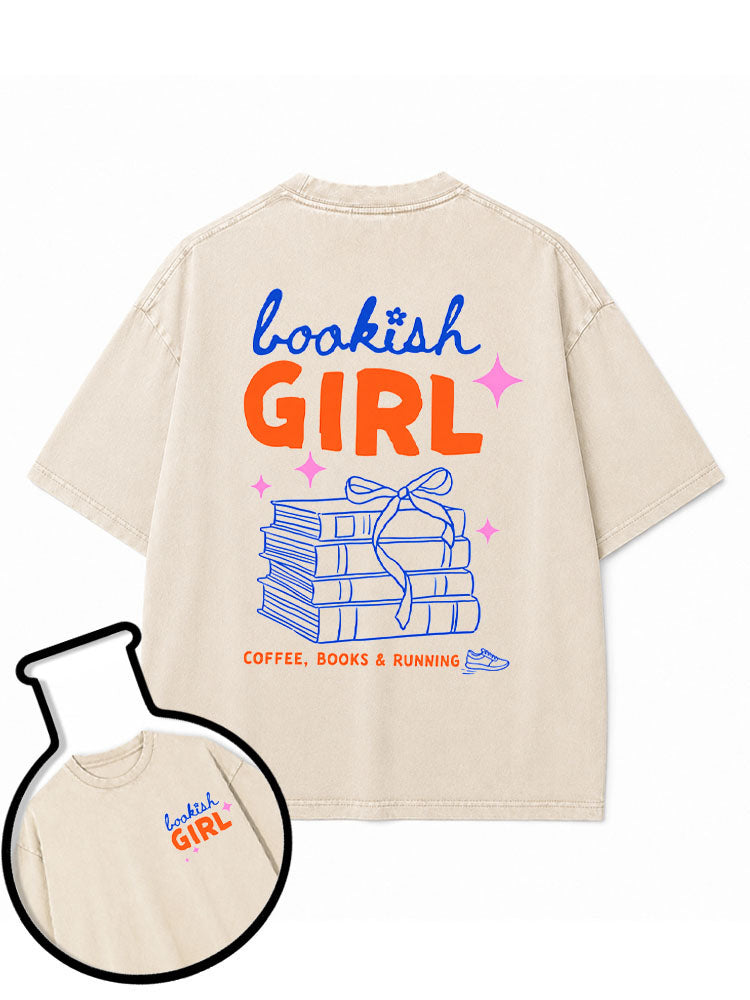bookish GIRL COFFEE BOOKS RUNNING Washed T-Shirt