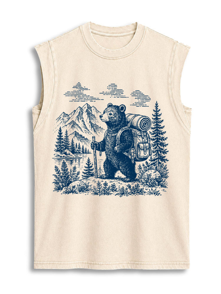 Hiking Bear Vintage Washed Cotton Tank Top