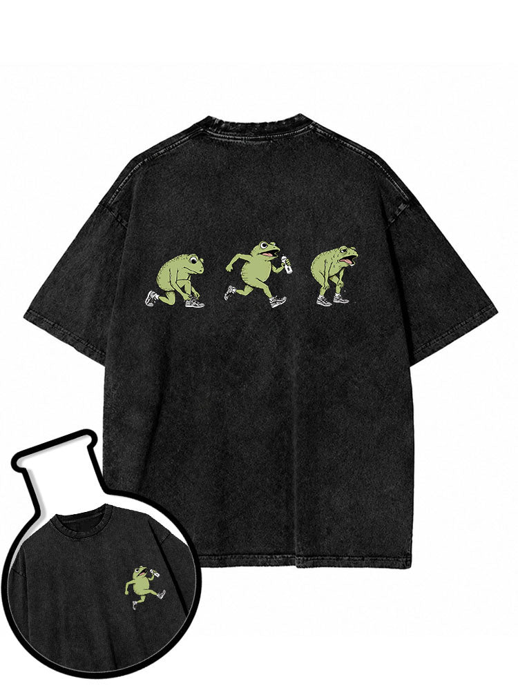 Funny Jogging Frogs Washed T-Shirt