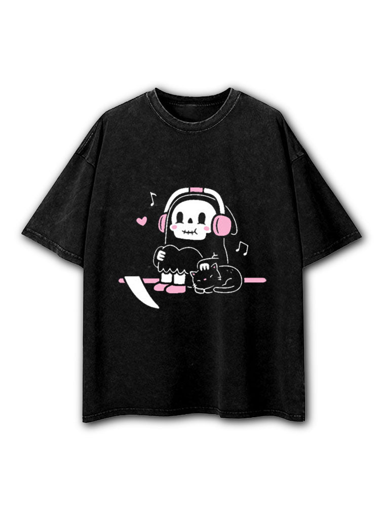 Cute Grim Reaper Taking A Break With Cat Washed T-Shirt