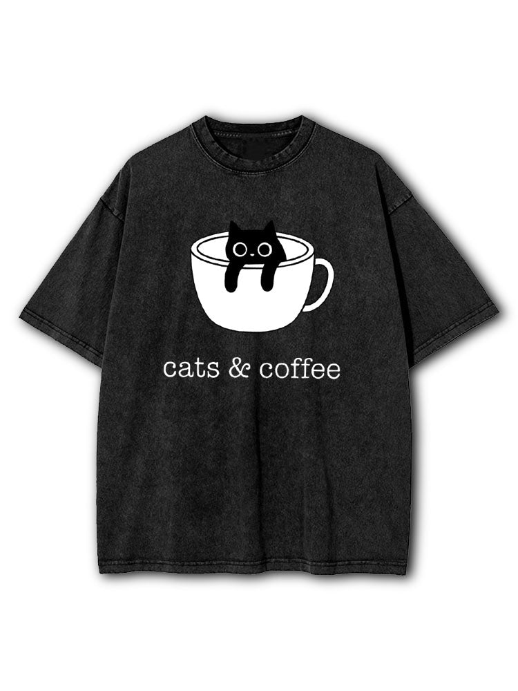 Cats And Coffee Washed T-Shirt