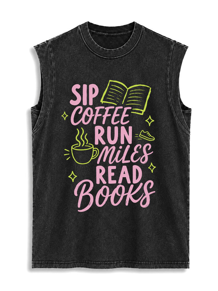 SIP COFFEERUN MILESREAD BOOKS Vintage Washed Cotton Tank Top