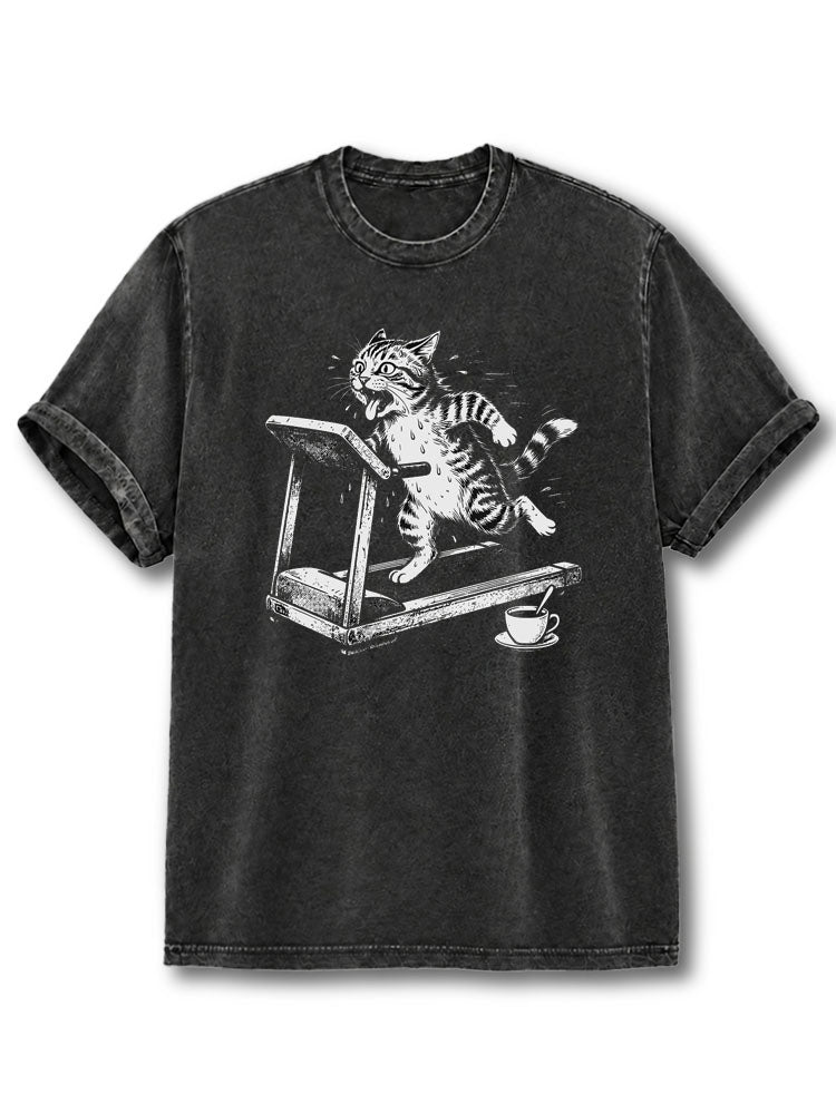 Exhausted Running Cat Washed T-Shirt