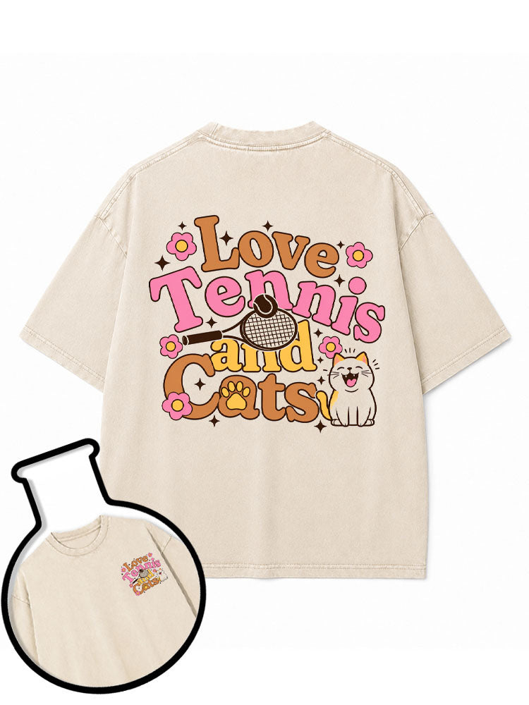 Love Tennis and Cats Washed T-Shirt