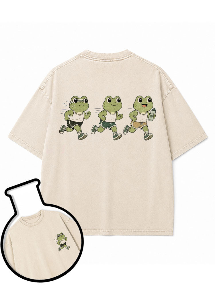 Funny Jogging Frogs Washed T-Shirt