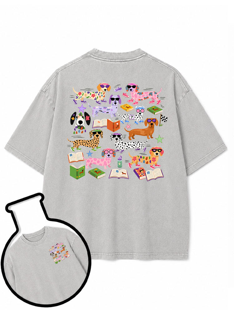 Dachshund reading and running Washed T-Shirt