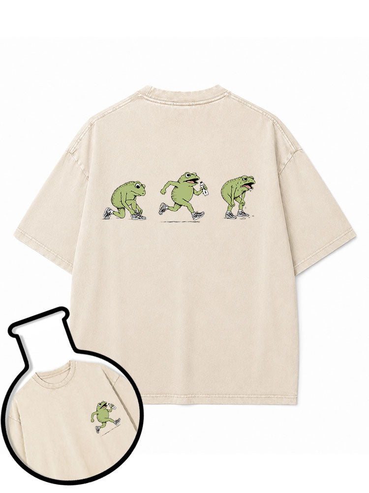 Funny Jogging Frogs Washed T-Shirt