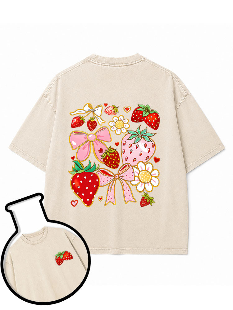 Strawberry with Bows & Flowers Washed T-Shirt