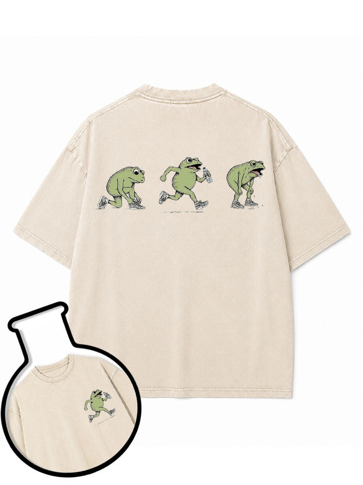 Funny Jogging Frogs Washed T-Shirt