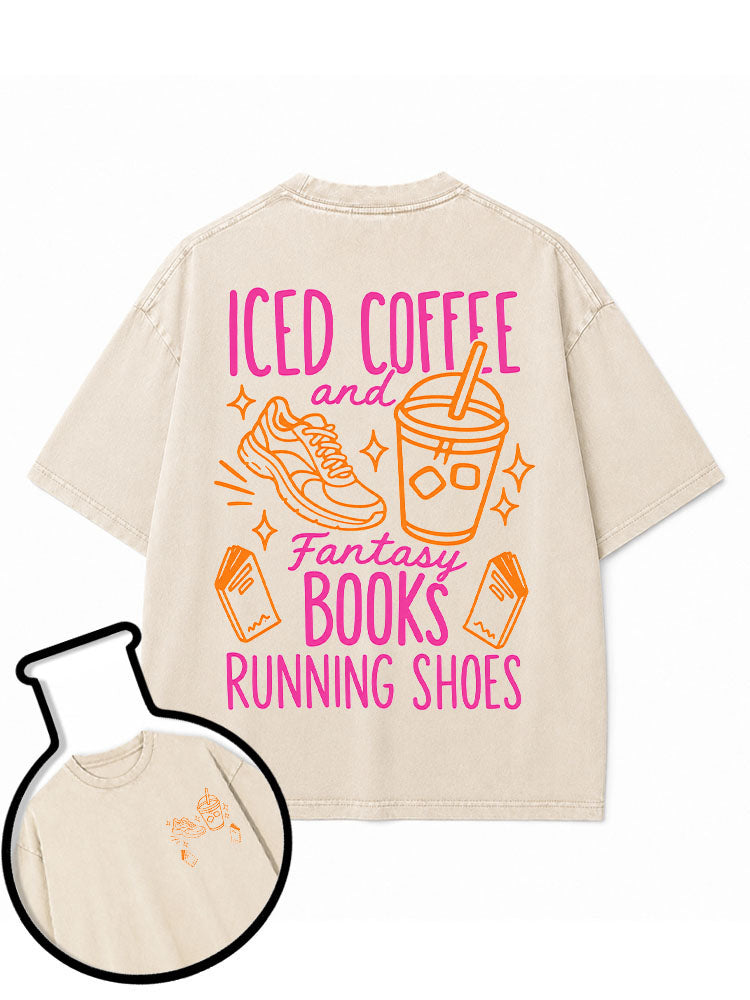 ICED COFFEE and Fantasy BOOKS RUNNING SHOES Washed T-Shirt