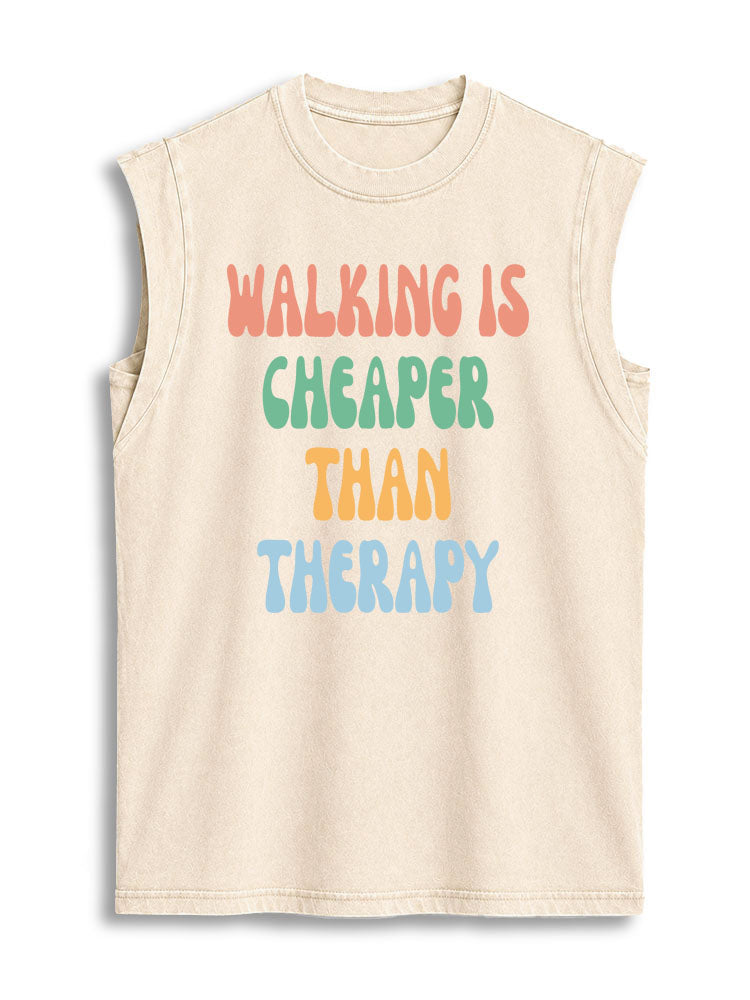 WALKING IS CHEAPER THAN THERAPY Vintage Washed Cotton Tank Top
