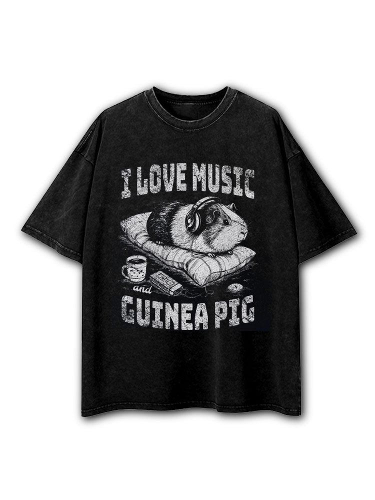 I LOVE MUSIC and GUINEA PIG Washed T-Shirt