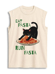 Cat Eat Pasta Run Fasta  Vintage Washed Cotton Tank Top