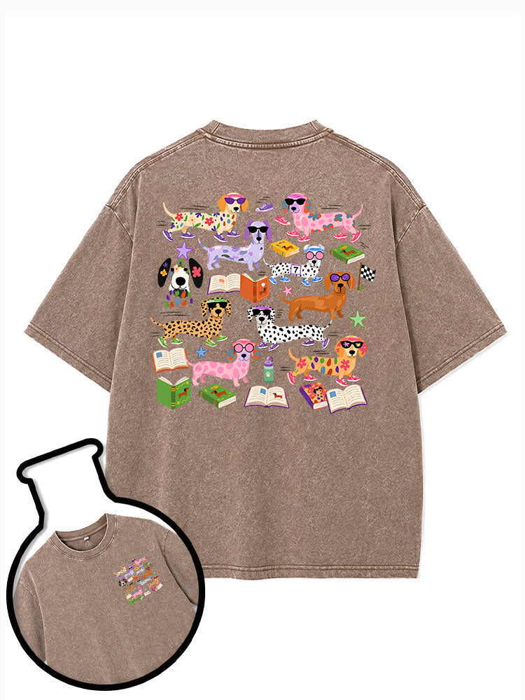 Dachshund reading and running Washed T-Shirt