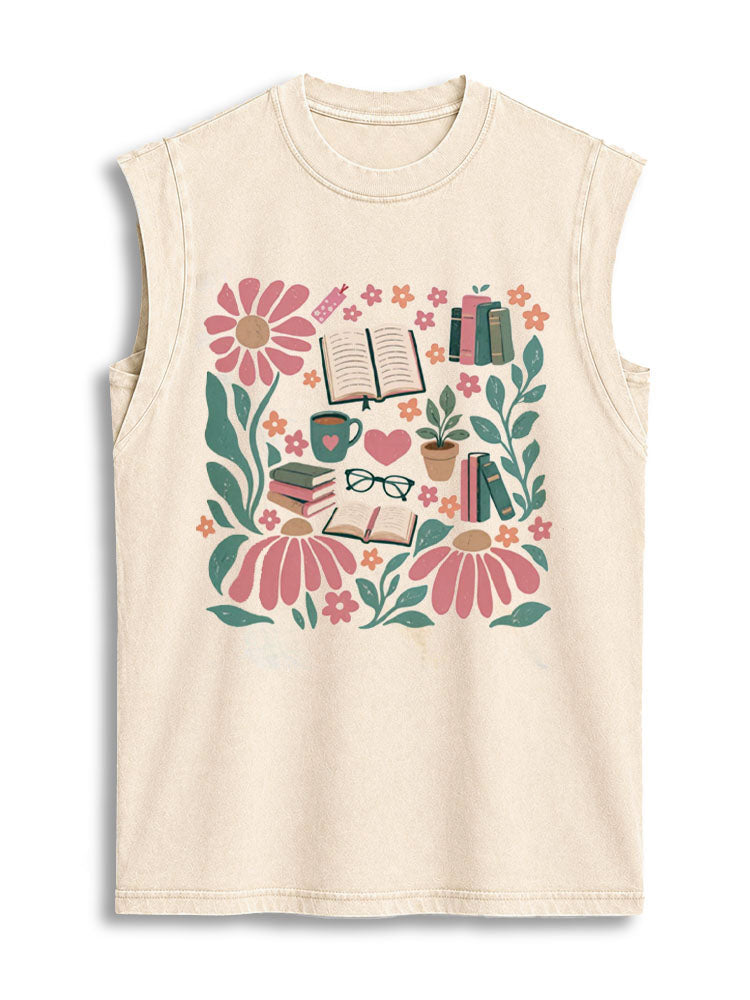 floral books Vintage Washed Cotton Tank Top