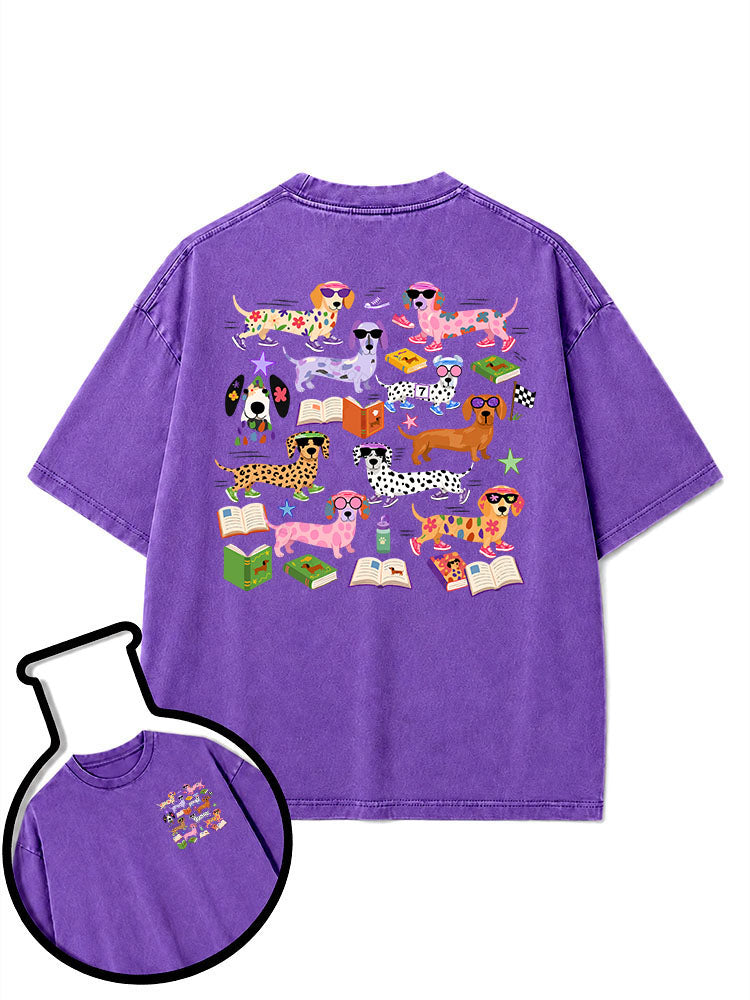 Dachshund reading and running Washed T-Shirt