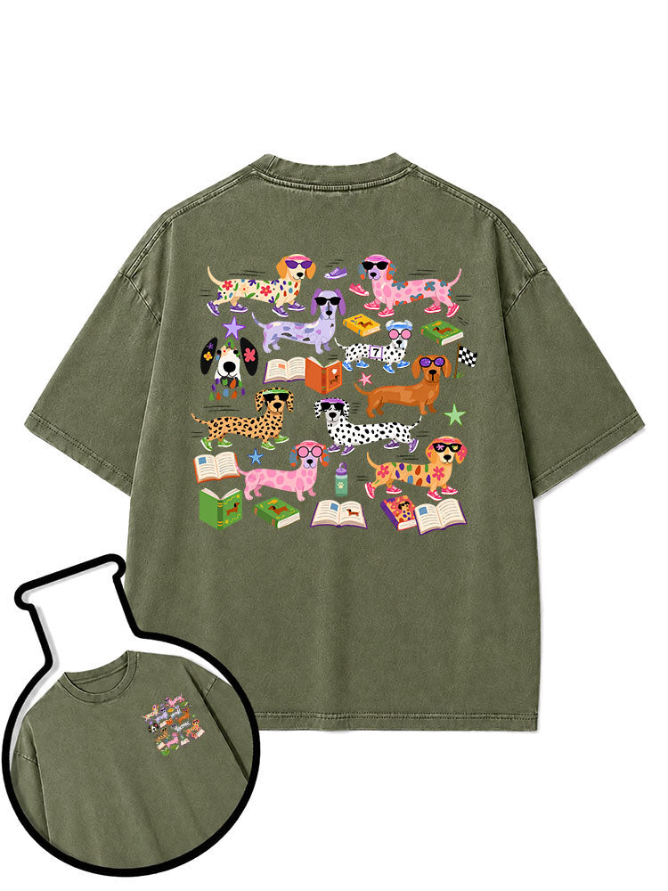 Dachshund reading and running Washed T-Shirt