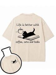 Life is better with coffee cats and books Washed T-Shirt