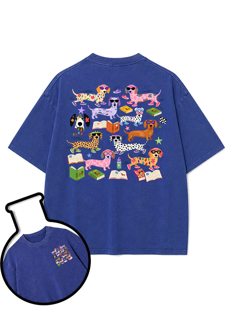 Dachshund reading and running Washed T-Shirt