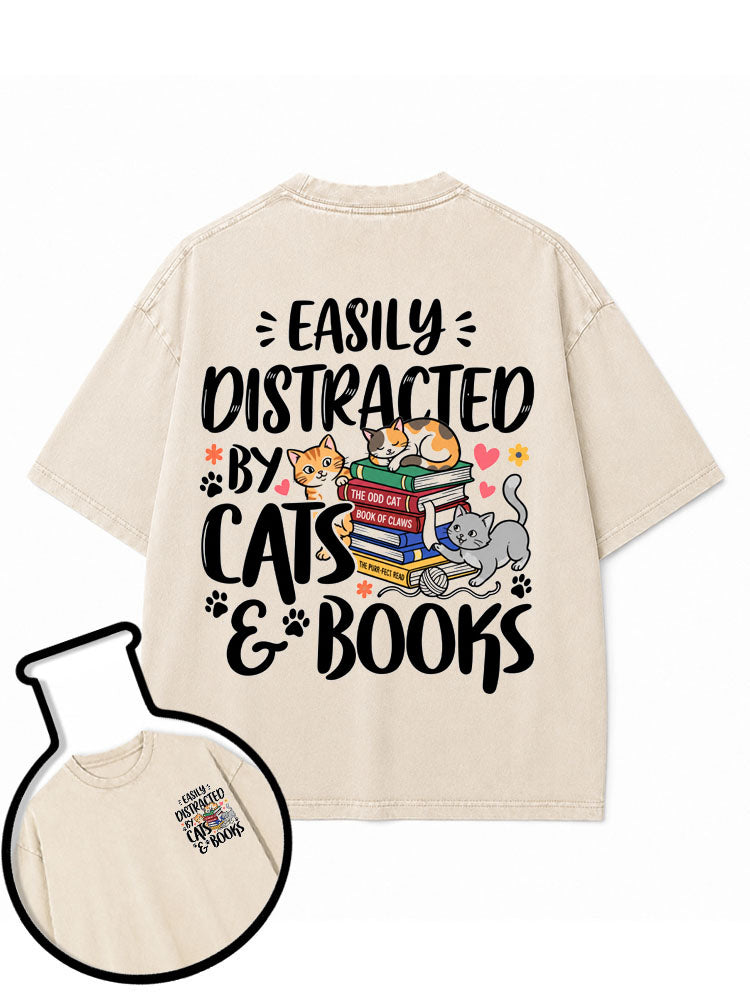 EASILY DISTRACTED BY CATS & BOOKS Washed T-Shirt