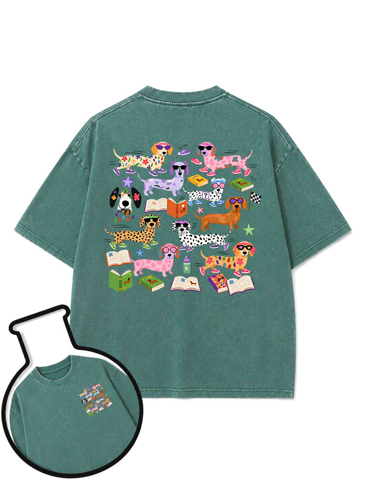 Dachshund reading and running Washed T-Shirt