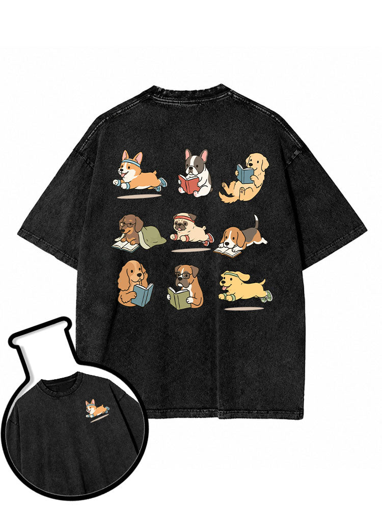 Dog reading running repeat  Washed T-Shirt