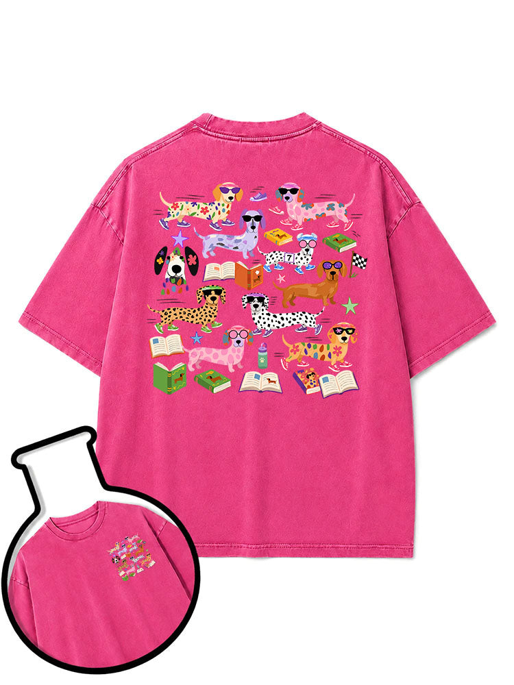 Dachshund reading and running Washed T-Shirt