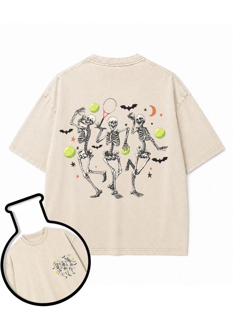 Dancing Skeletons Tennis Halloween Washed T-Shirt