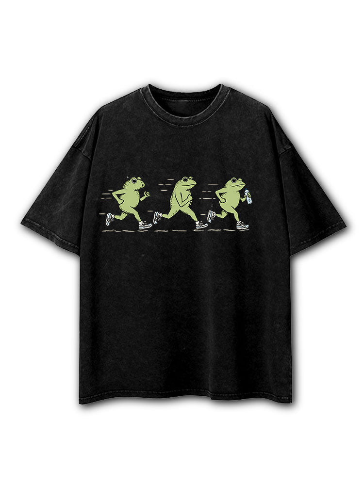 Funny Jogging Frogs Washed T-Shirt