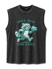 Will Run For Cake funny raccoon graphic on mens washed tank top