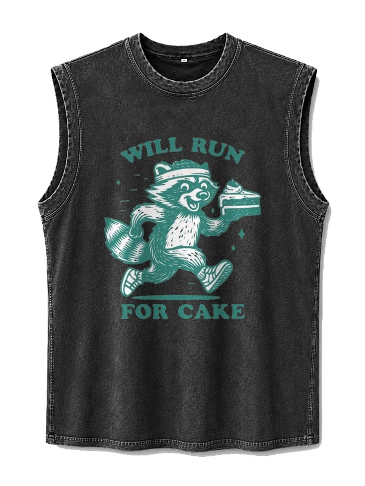 Will Run For Cake funny raccoon graphic on mens washed tank top